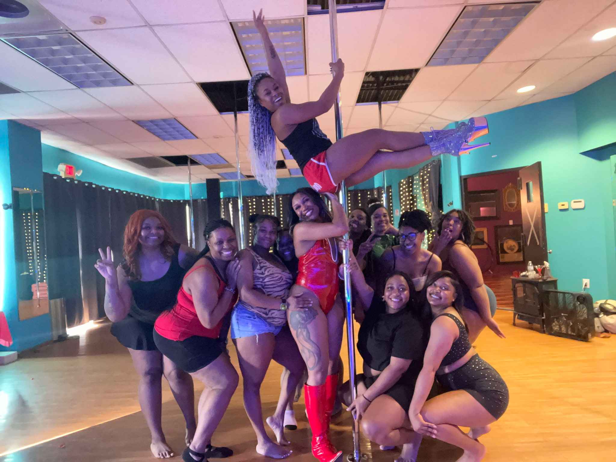 A party group celebrating at Free Flow Fitness